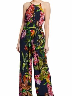 Trina Turk Navy Floral Halter Wide-Leg Jumpsuit